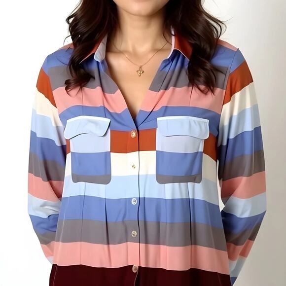 Anthropologie x Maeve Wynwood Button down Stripe Multicolor Oversized USA 14 - Picture 2 of 8